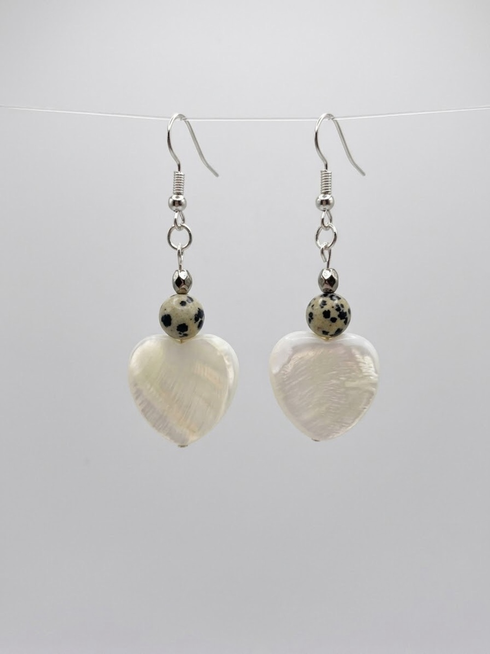 Mother-of-Pearl Heart Drop Earrings with Dalmatian Jasper Accent - White